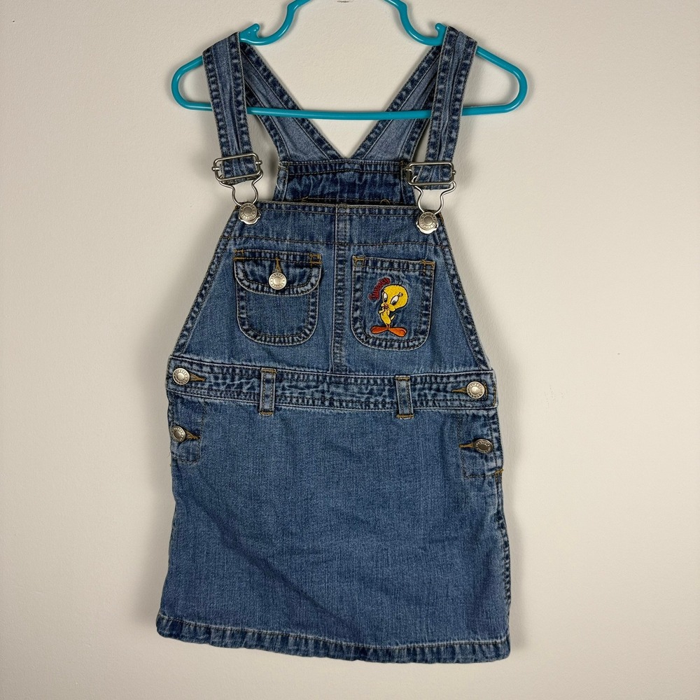Vintage Warner Bros Studio Store Tweety Bird Denim Overall Dress Kids XXS 1998